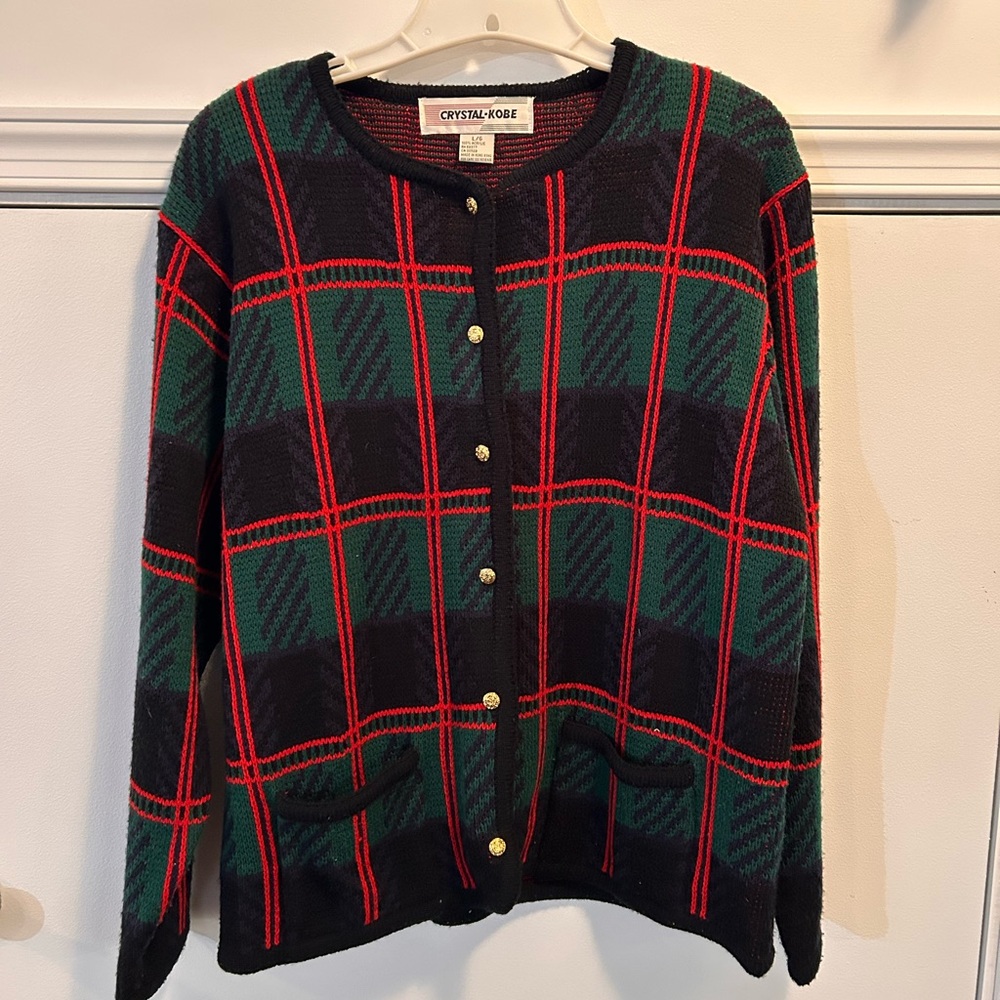 Vintage CRYSTAL-KOBE Sweater Green Tartan Plaid Gold Buttons L Cardigan 90s